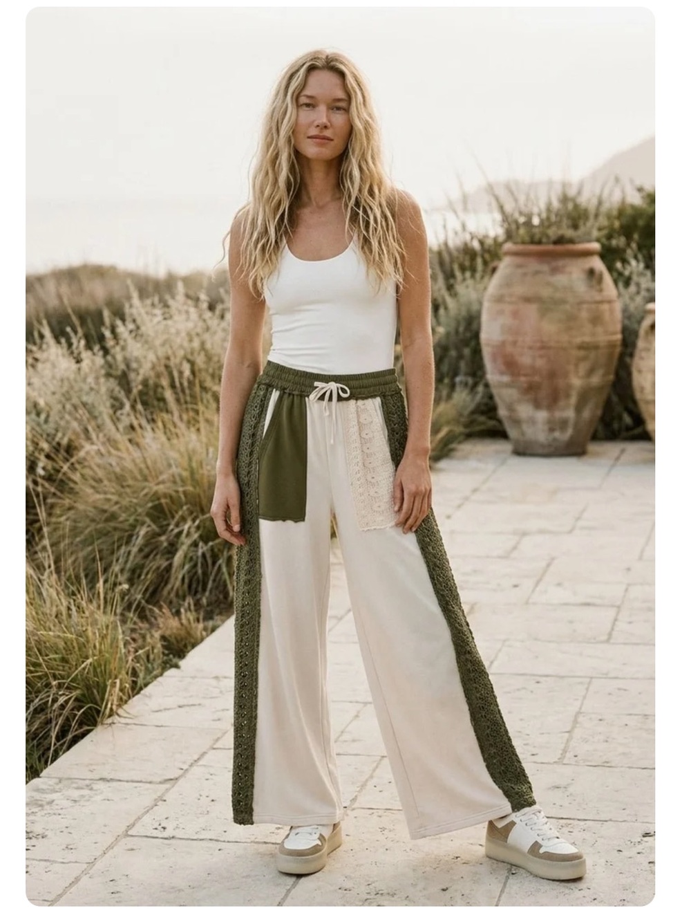 Olive Green & Cream Wide-Leg Lounge Pants Crochet S NEW Mellow Patchwork Polly